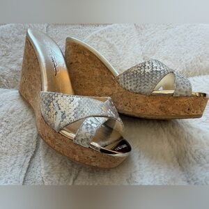 NEW! $595 Jimmy Choo Panna Metallic Snake Print Cork Wedge Slide Sandals